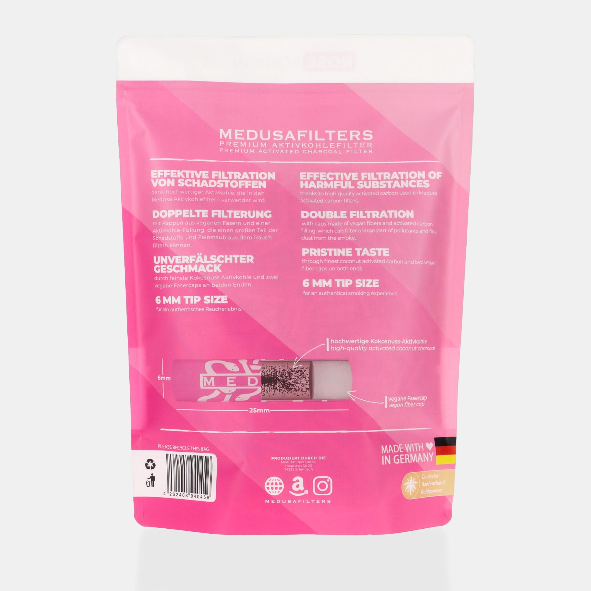 Medusafilters Premium Aktivkohlefilter mit Kokosnuss-Aktivkohle und veganen Fasercaps 1000er Packung ROSÉ Edition Tip Size 6 mm Rückseite