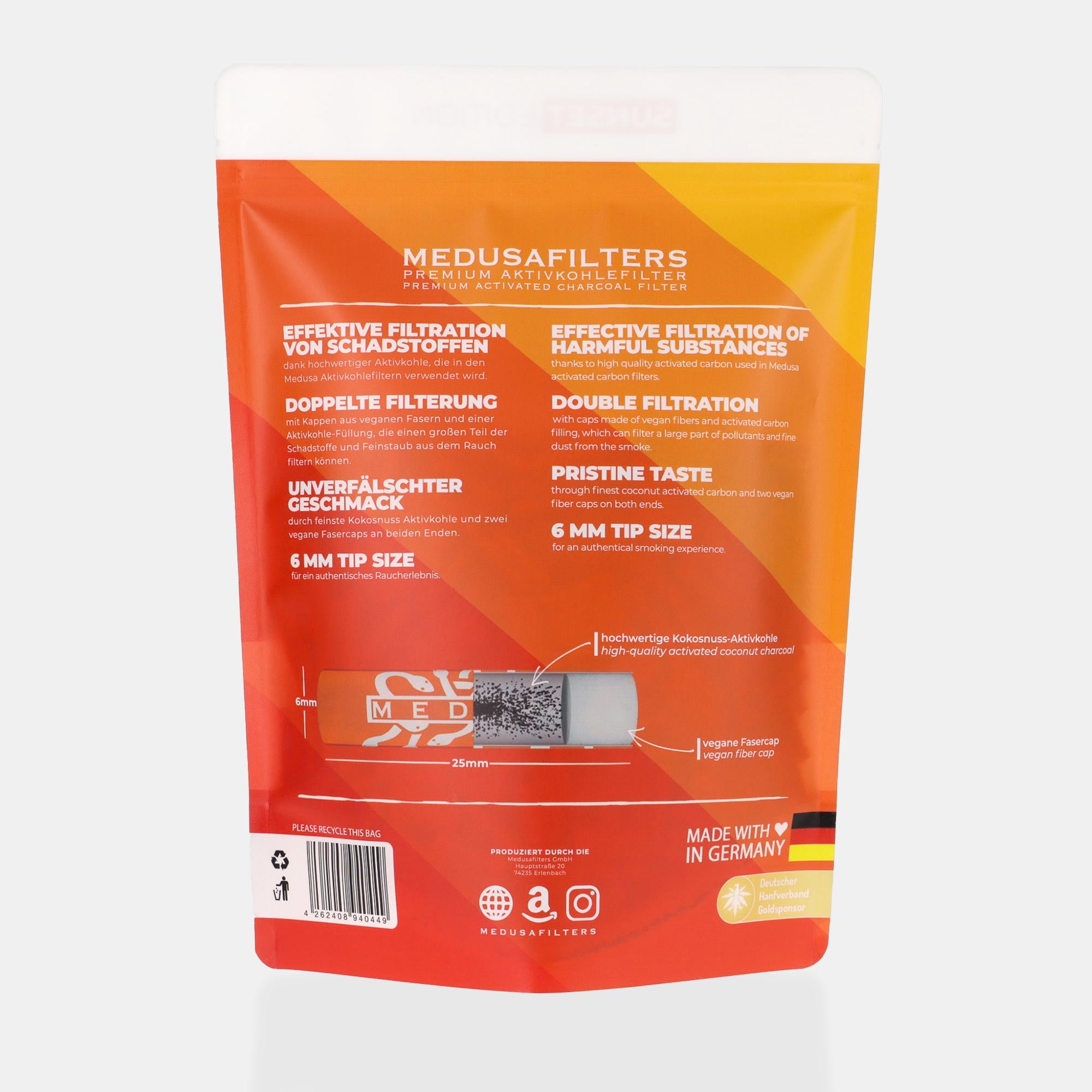 Medusafilters Premium Aktivkohlefilter mit Kokosnuss-Aktivkohle und veganen Fasercaps 1000er Packung SUNSET Edition Tip Size 6 mm Rückseite