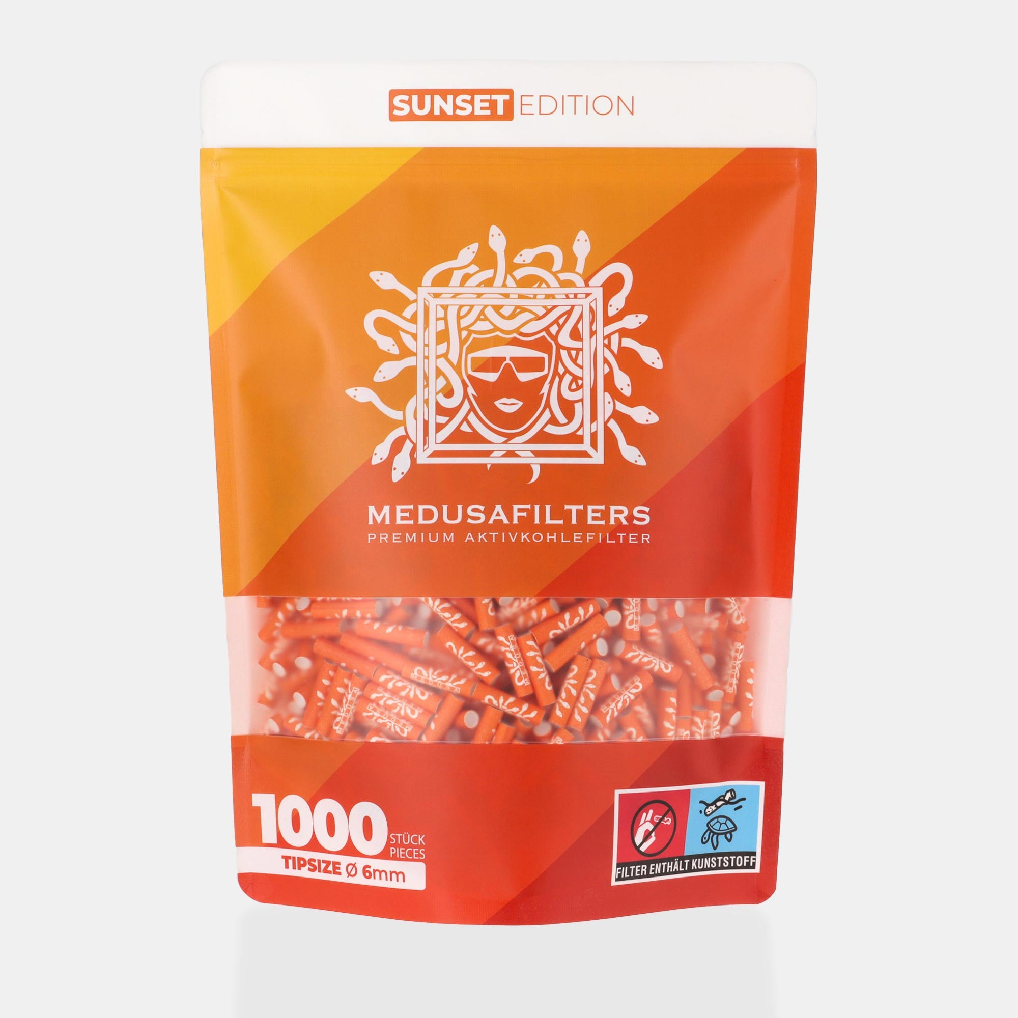 Medusafilters Premium Aktivkohlefilter mit Kokosnuss-Aktivkohle und veganen Fasercaps 1000er Packung SUNSET Edition Tip Size 6 mm Frontansicht