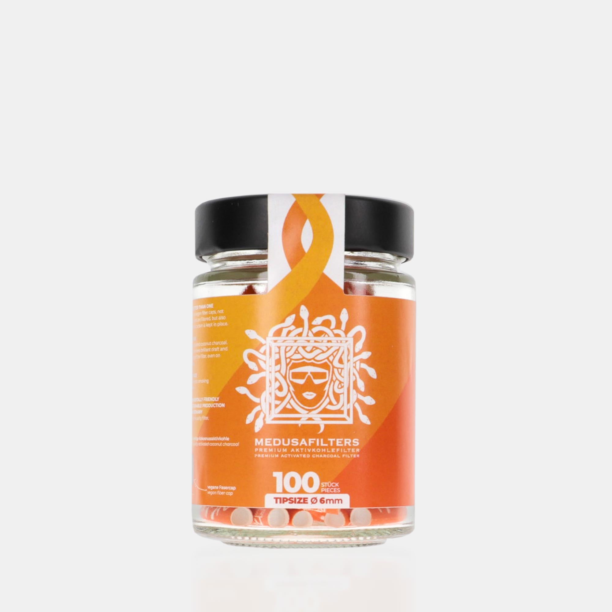 Medusafilters Premium Aktivkohlefilter mit Kokosnuss-Aktivkohle und veganen Fasercaps 100er Glas SUNSET Edition Tip Size 6 mm Frontansicht