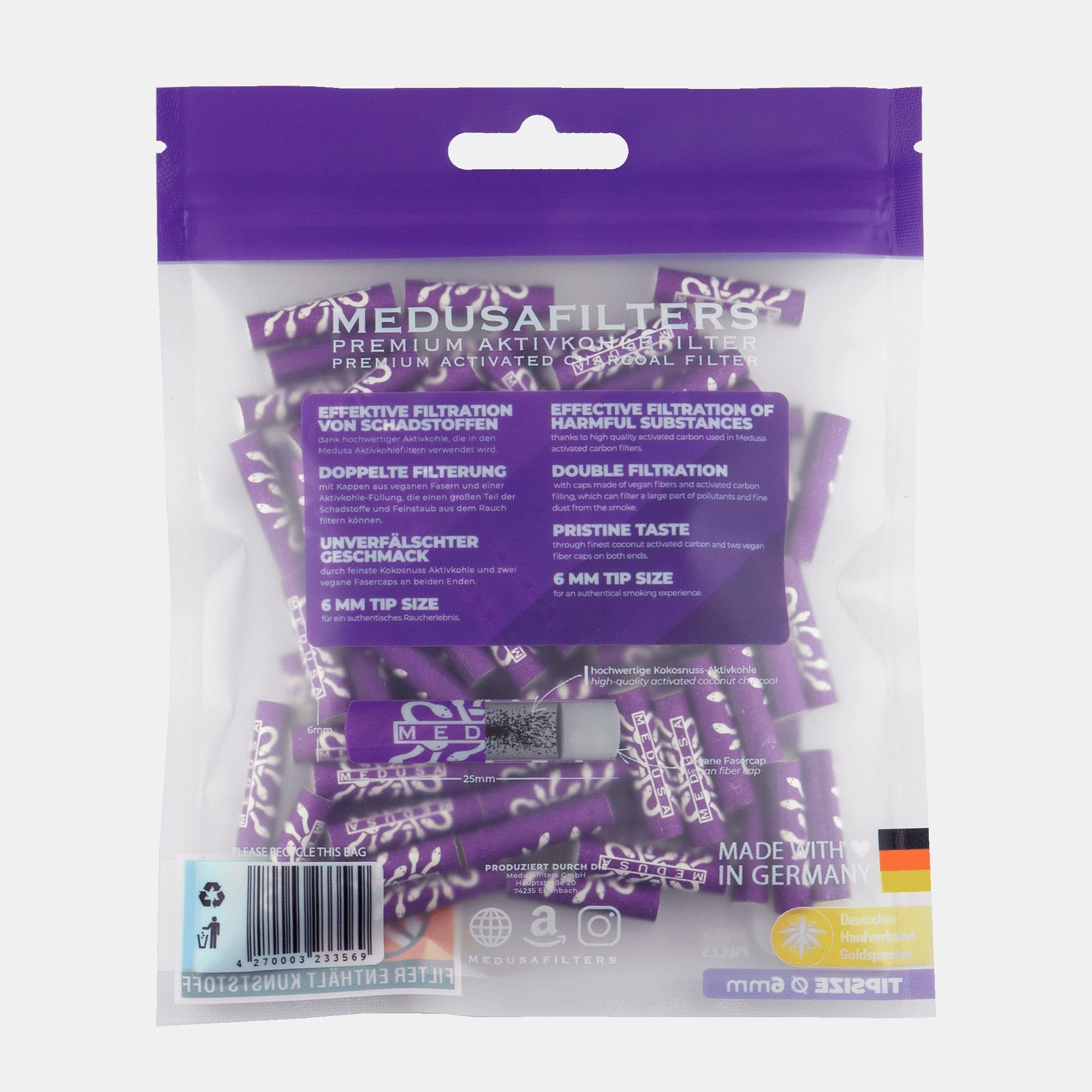 Medusafilters Premium Aktivkohlefilter mit Kokosnuss-Aktivkohle und veganen Fasercaps 100er Packung VIOLET Edition Tip Size 6 mm Frontansicht