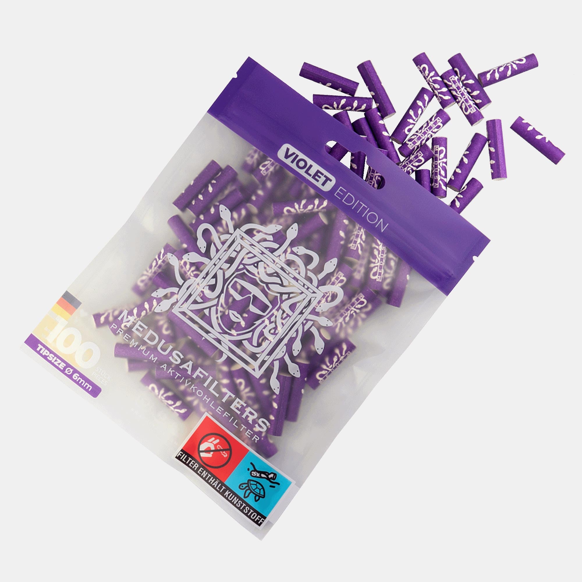 Medusafilters Premium Aktivkohlefilter mit Kokosnuss-Aktivkohle und veganen Fasercaps 100er Packung VIOLET Edition Tip Size 6 mm Frontansicht