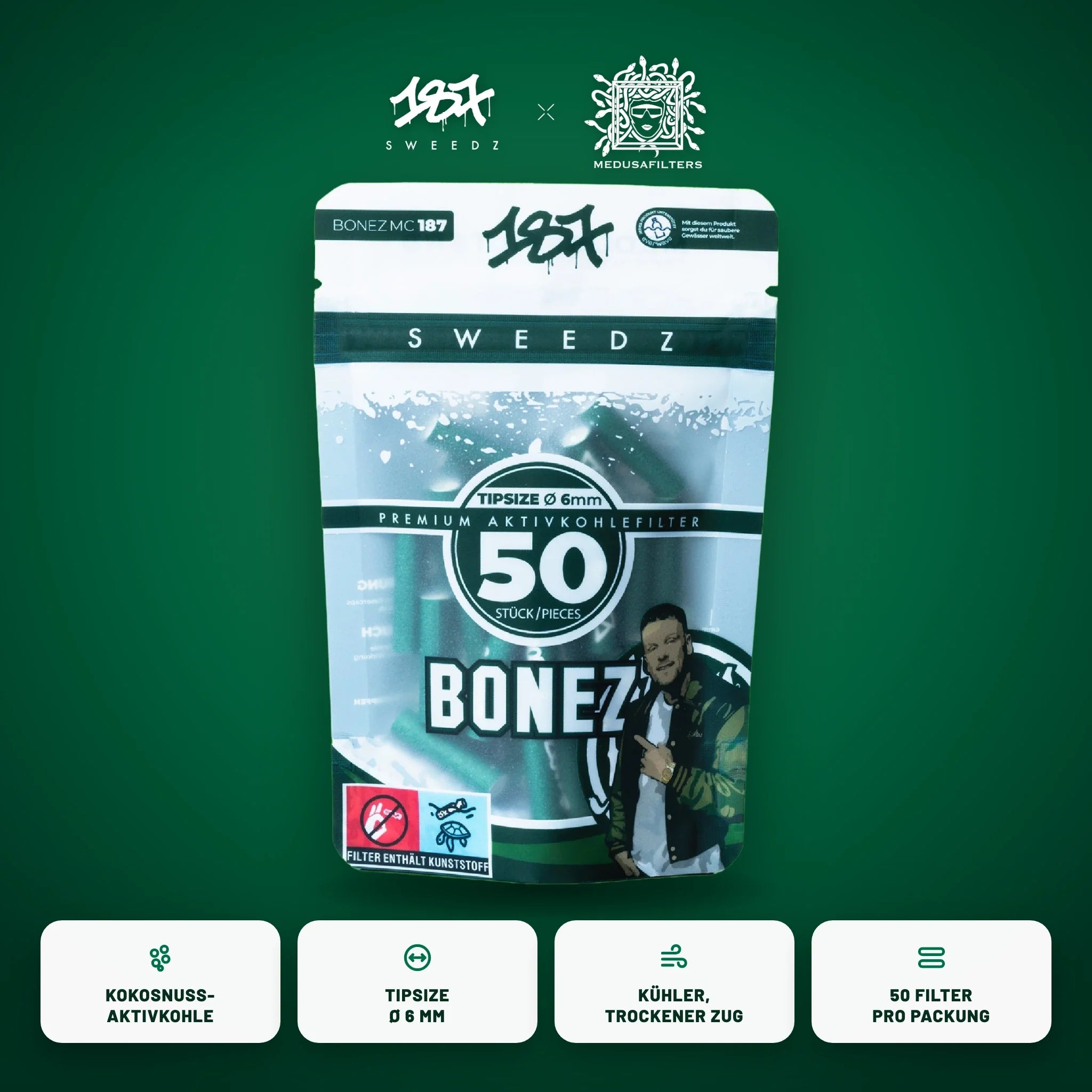 187 Sweedz × Medusafilters Aktivkohlefilter 6 mm BONEZ MC Edition 50er Packung – Kokosnuss-Aktivkohle, kühler trockener Zug