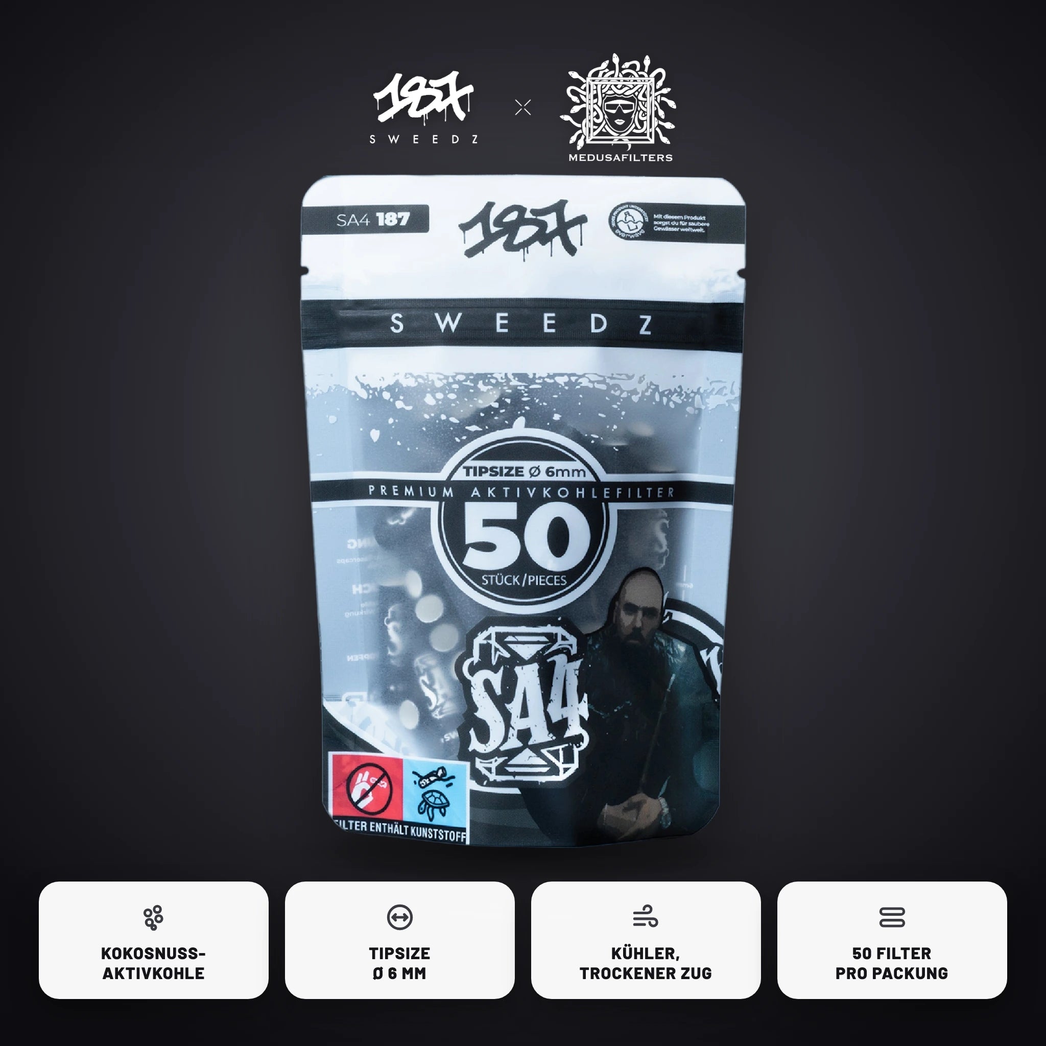 187 Sweedz × Medusafilters Aktivkohlefilter 6 mm SA4 Edition 50er Packung – Kokosnuss-Aktivkohle, kühler trockener Zug
