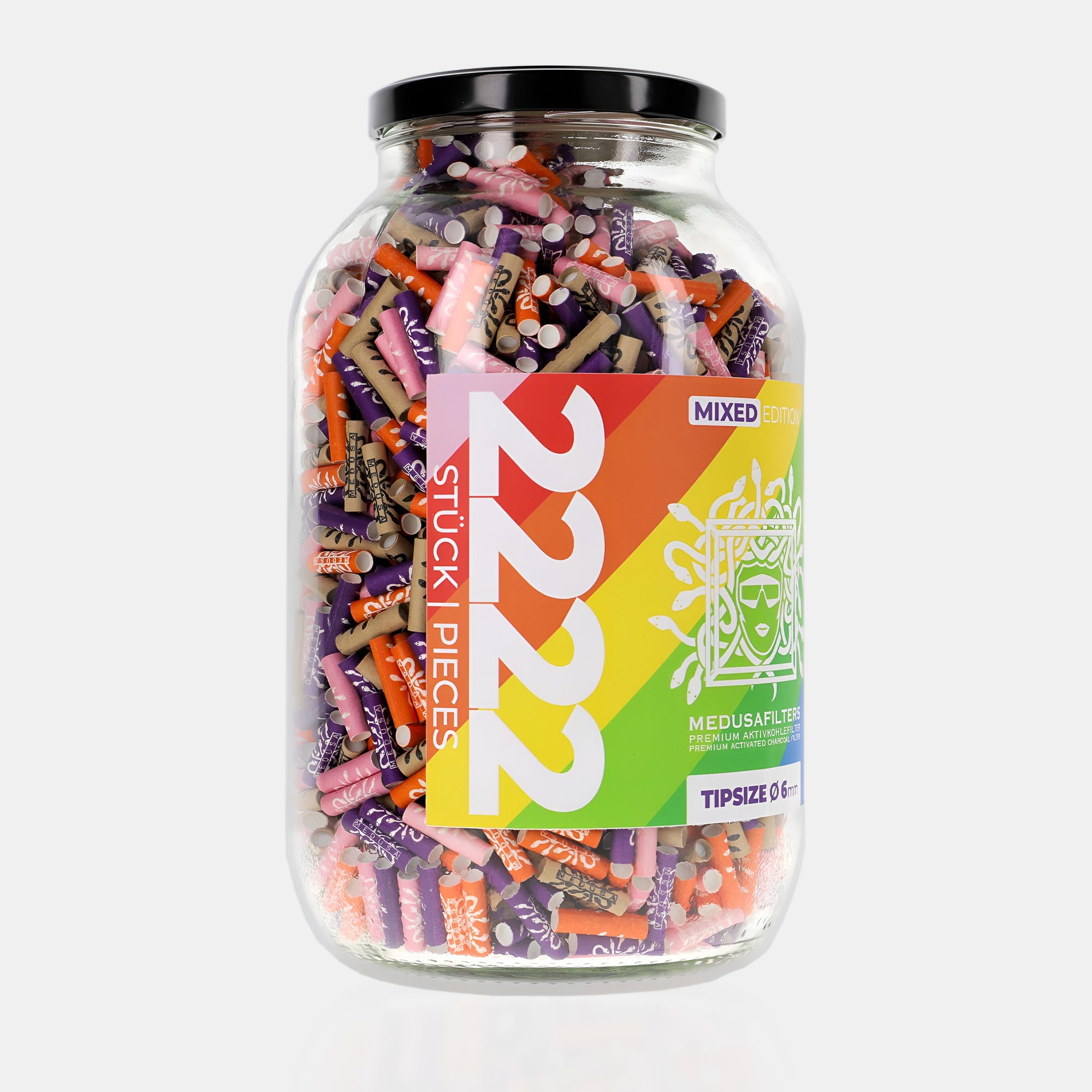Medusafilters Premium Aktivkohlefilter mit Kokosnuss-Aktivkohle und veganen Fasercaps 2222er Glas MIXED Edition Tip Size 6 mm Seite A