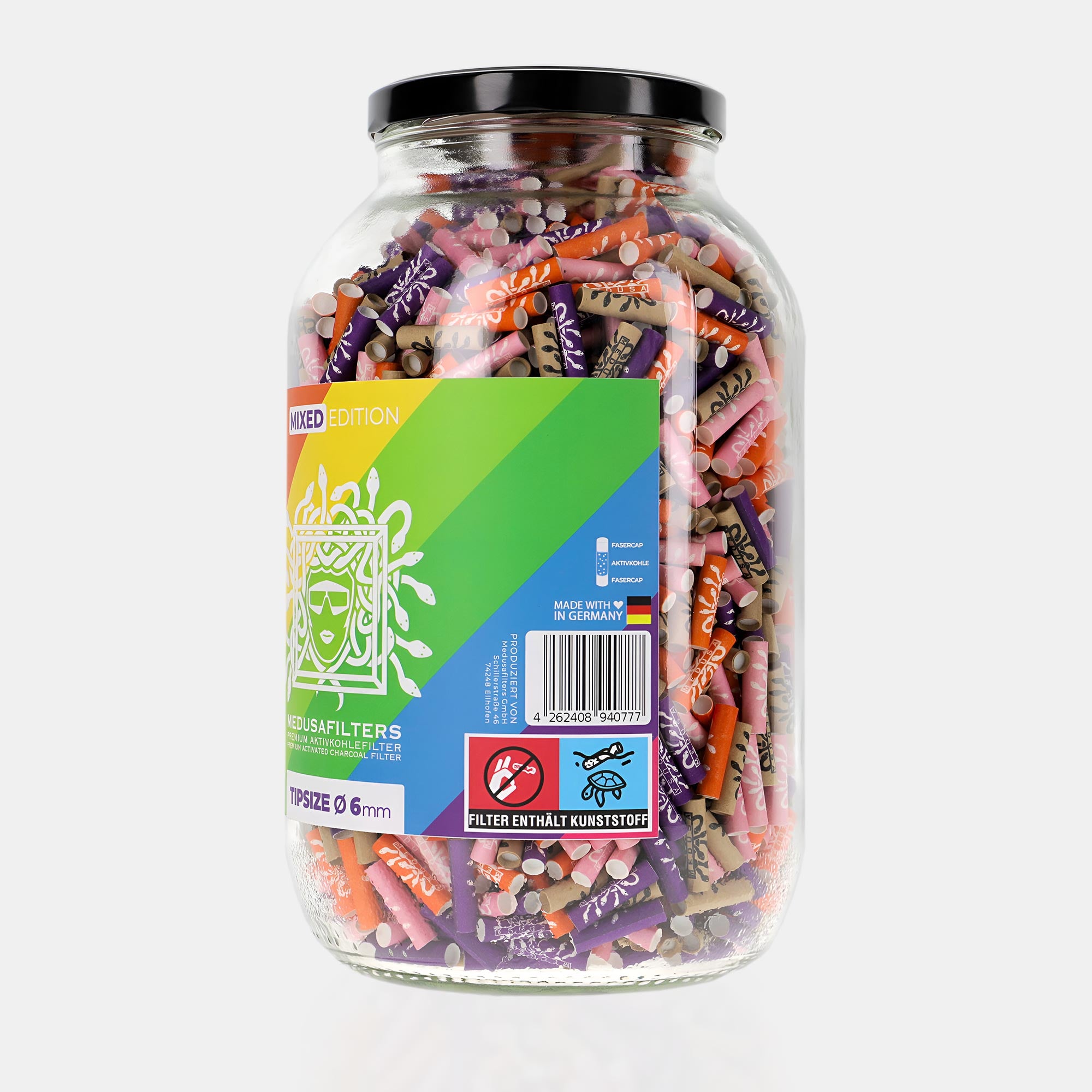 Medusafilters Premium Aktivkohlefilter mit Kokosnuss-Aktivkohle und veganen Fasercaps 2222er Glas MIXED Edition Tip Size 6 mm Seite B