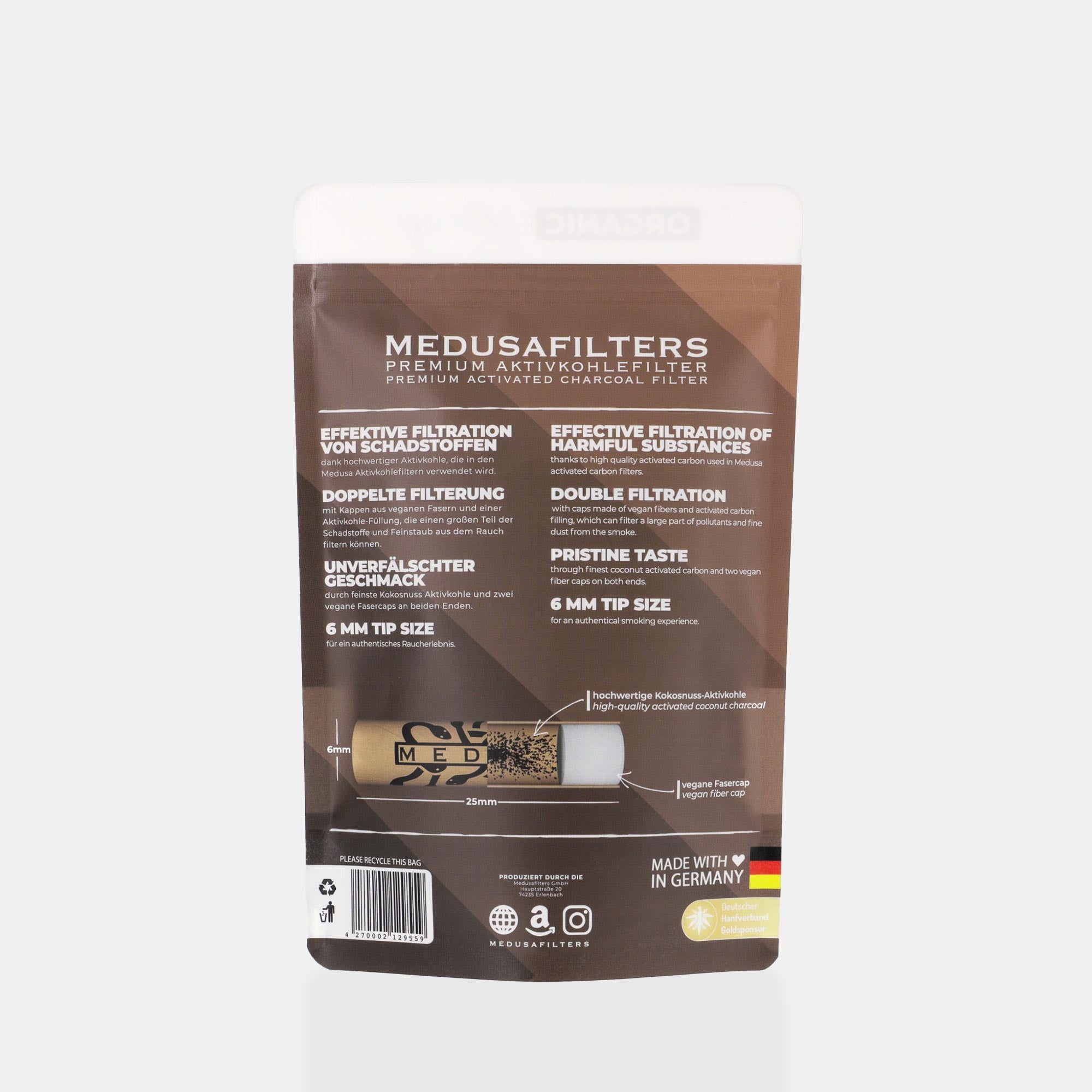 Medusafilters Premium Aktivkohlefilter mit Kokosnuss-Aktivkohle und veganen Fasercaps 250er Packung ORGANIC Edition Tip Size 6 mm Rückseite