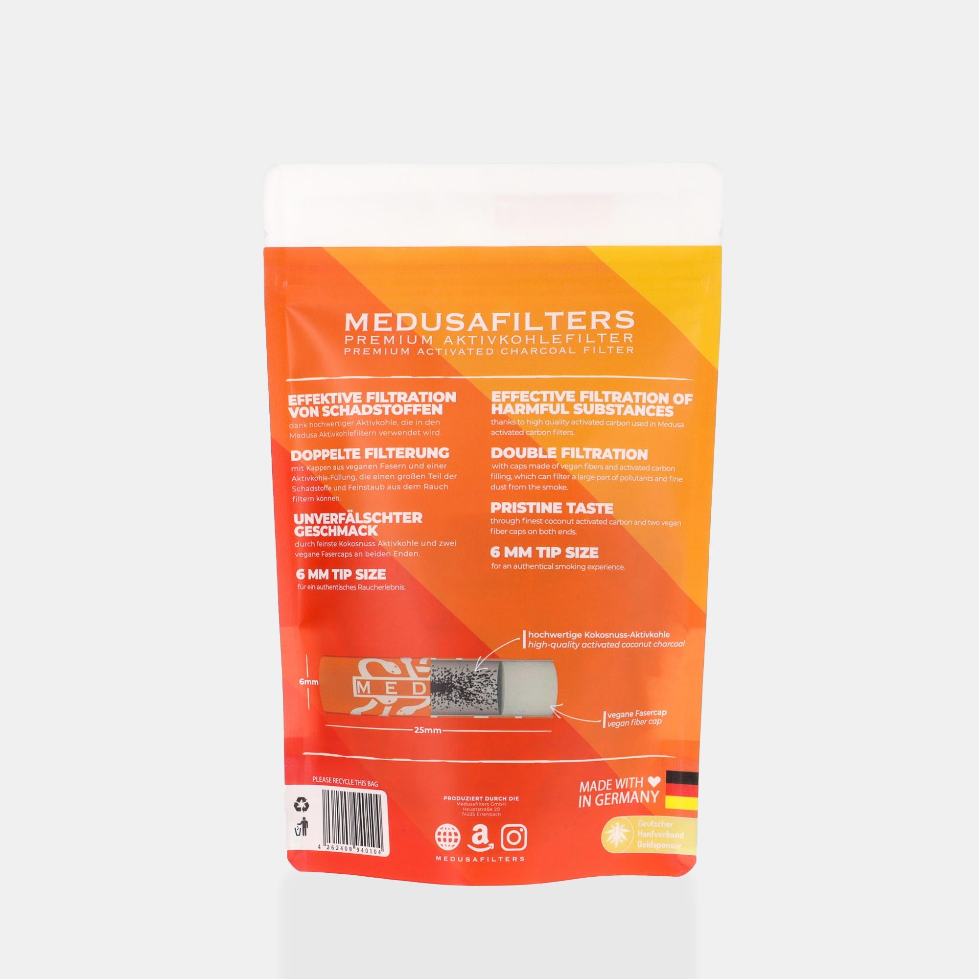 Medusafilters Premium Aktivkohlefilter mit Kokosnuss-Aktivkohle und veganen Fasercaps 250er Packung SUNSET Edition Tip Size 6 mm Rückseite