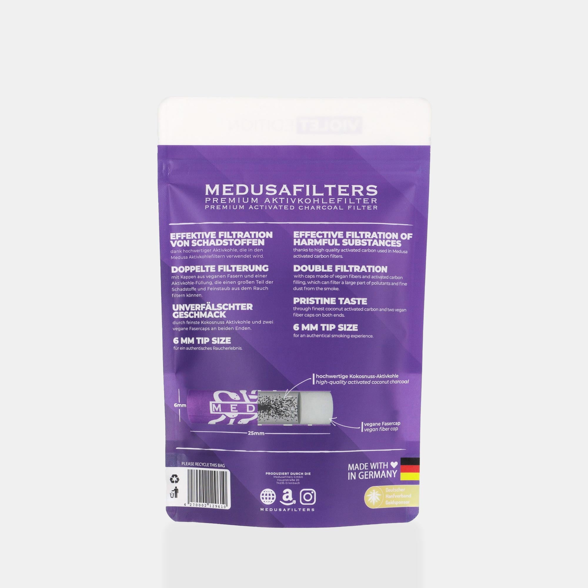 Medusafilters Premium Aktivkohlefilter mit Kokosnuss-Aktivkohle und veganen Fasercaps 250er Packung VIOLET Edition Tip Size 6 mm Rückseite