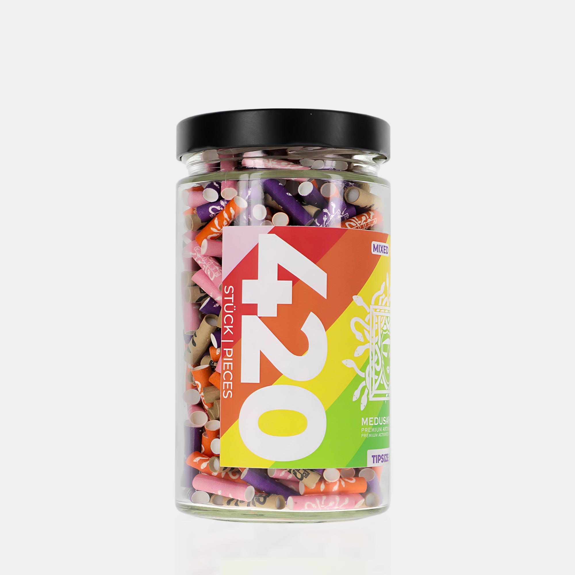 Medusafilters Premium Aktivkohlefilter mit Kokosnuss-Aktivkohle und veganen Fasercaps 420er Glas MIXED Edition Tip Size 6 mm Seite A