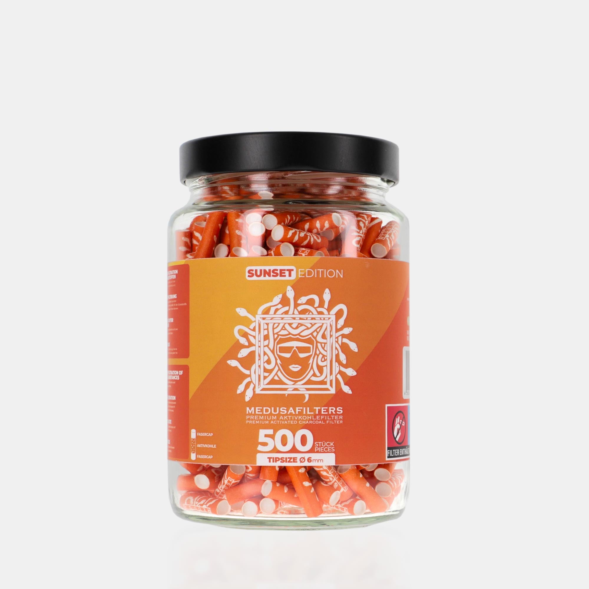Medusafilters Premium Aktivkohlefilter mit Kokosnuss-Aktivkohle und veganen Fasercaps 500er Glas SUNSET Edition Tip Size 6 mm Frontansicht