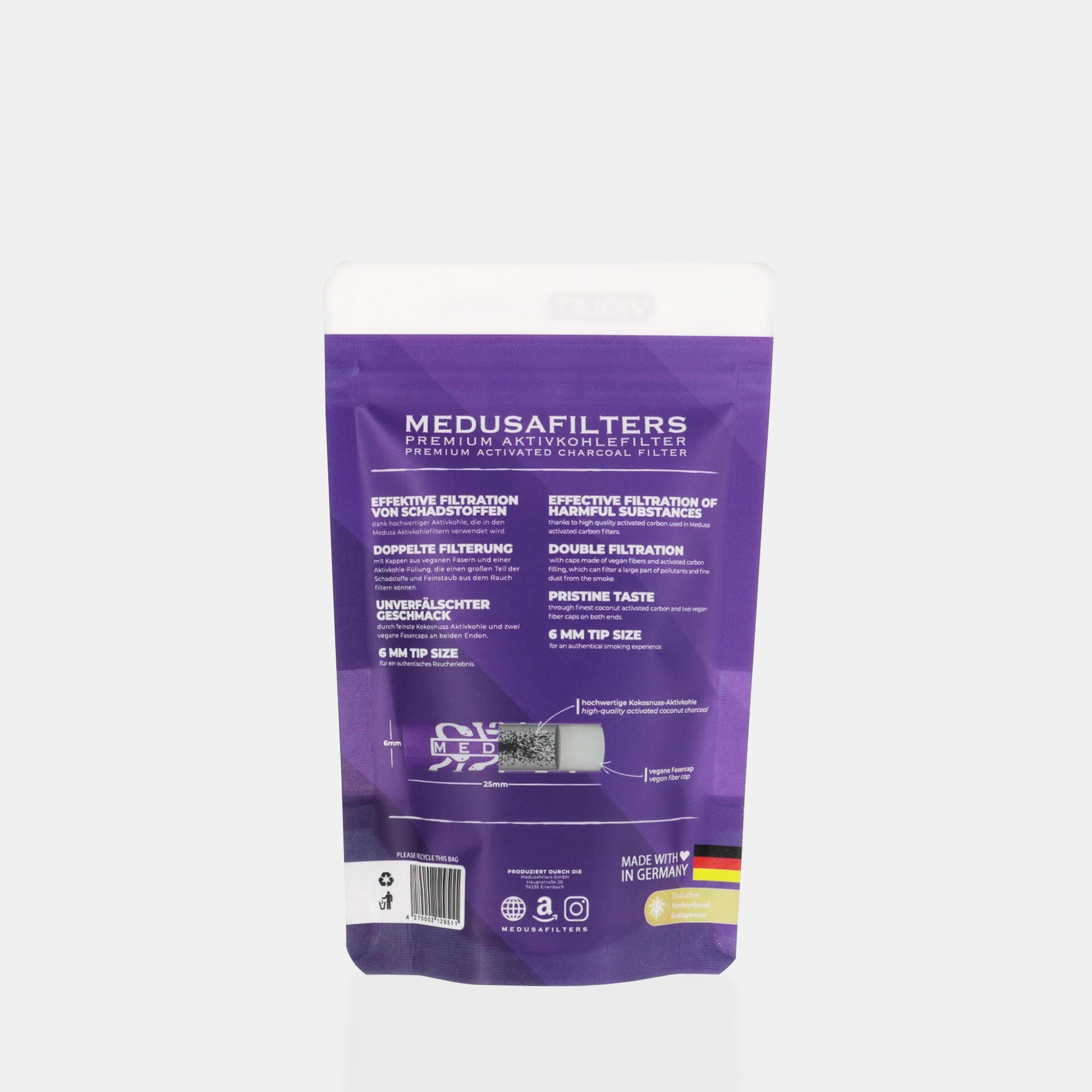 Medusafilters Premium Aktivkohlefilter mit Kokosnuss-Aktivkohle und veganen Fasercaps 50er Packung VIOLET Edition Tip Size 6 mm Rückseite