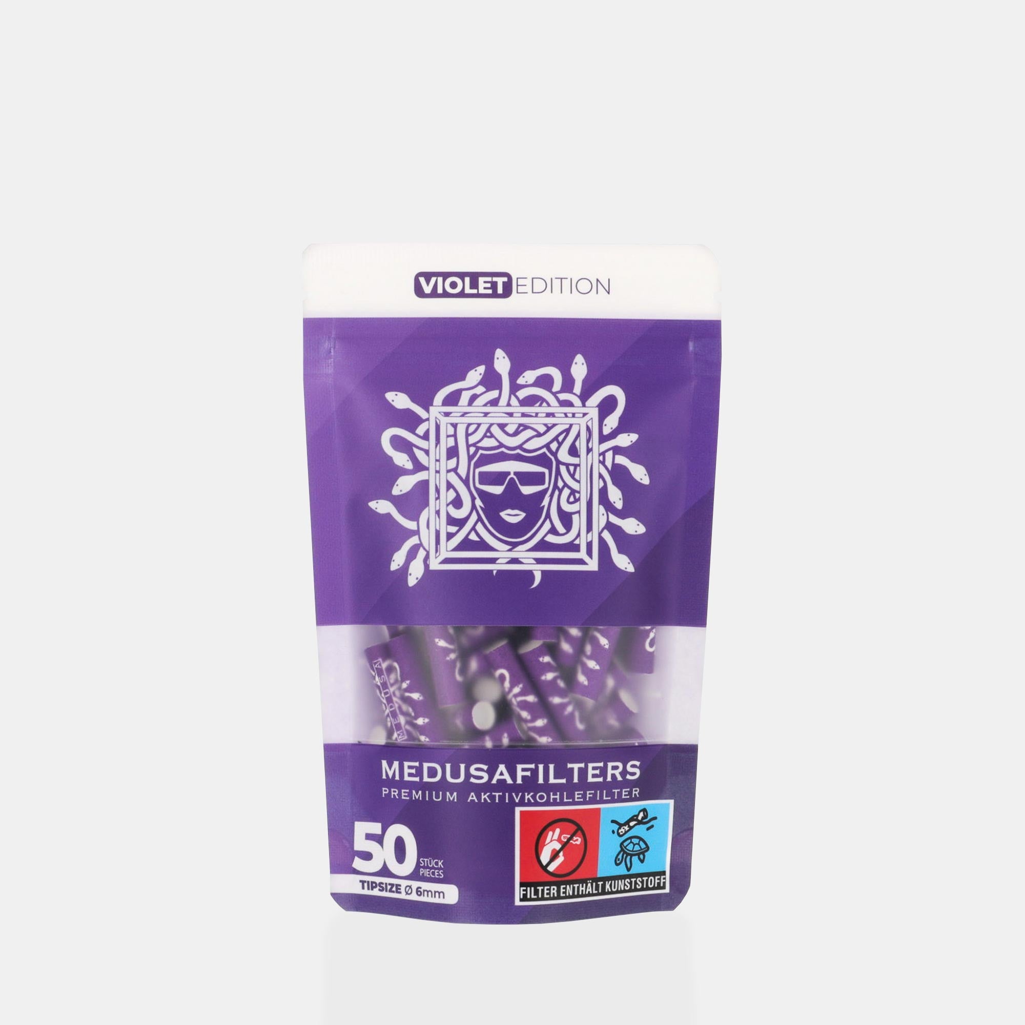 Medusafilters Premium Aktivkohlefilter mit Kokosnuss-Aktivkohle und veganen Fasercaps 50er Packung VIOLET Edition Tip Size 6 mm Frontansicht