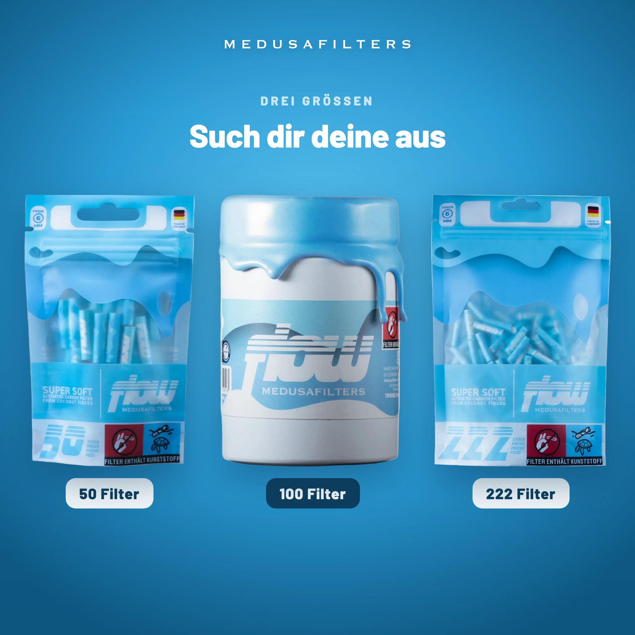 FLOW by Medusafilters Aktivkohlefilter 6 mm – 100 Filter – Alle drei Größen