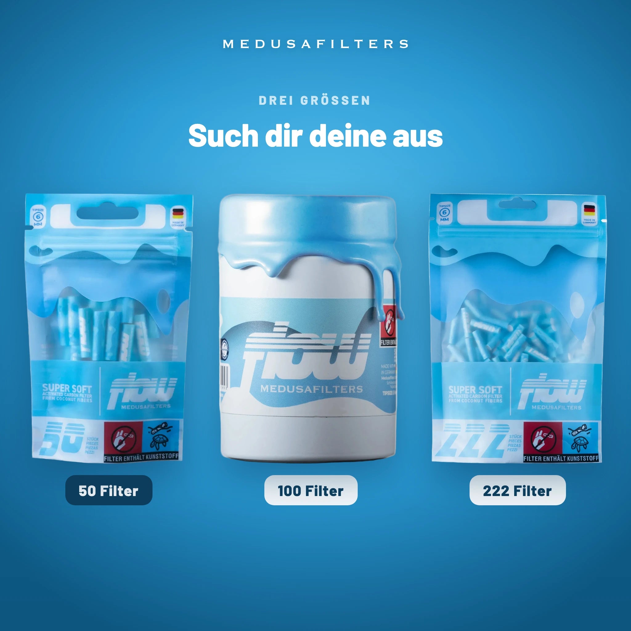 FLOW by Medusafilters Aktivkohlefilter 6 mm – 50 Filter – Alle drei Größen