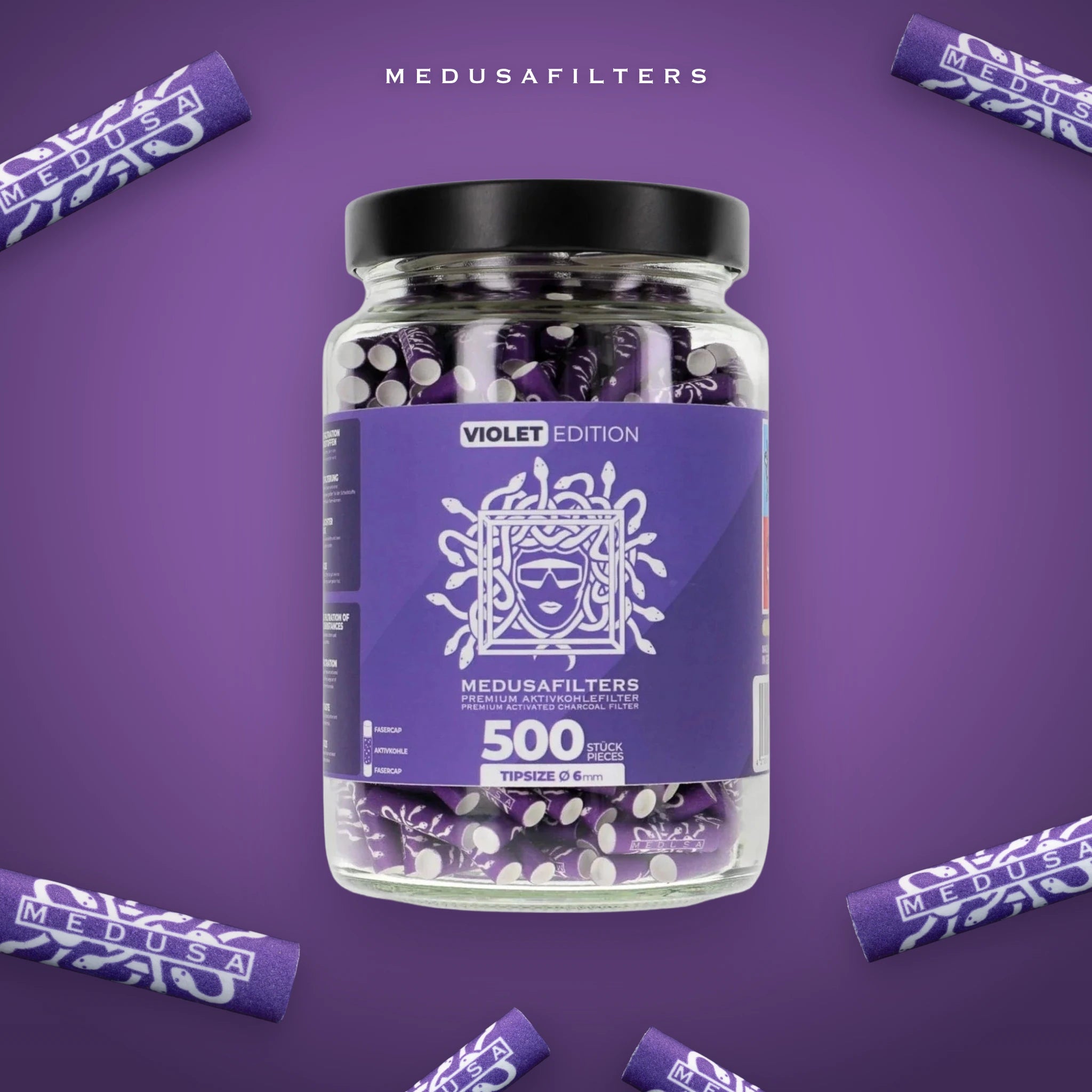 Medusafilters Aktivkohlefilter 6 mm im Glas – 500 Filter VIOLET – Filter im Überblick