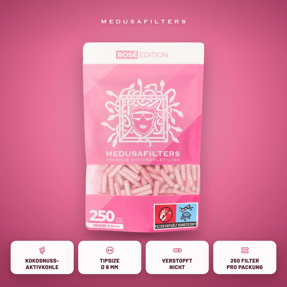 Medusafilters Aktivkohlefilter 6 mm ROSÉ Edition, 250er-Packung, Kokosnuss-Aktivkohle, Tipsize 6 mm