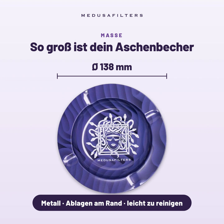 So groß ist dein Aschenbecher: VIOLET, Ø 138 mm, aus Metall mit Ablagen am Rand, leicht zu reinigen