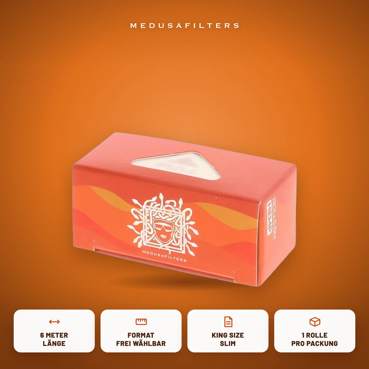 Endless-Rolls-Box SUNSET mit den Vorteilen 6 Meter Länge, Format frei wählbar, King Size Slim, 1 Rolle pro Packung