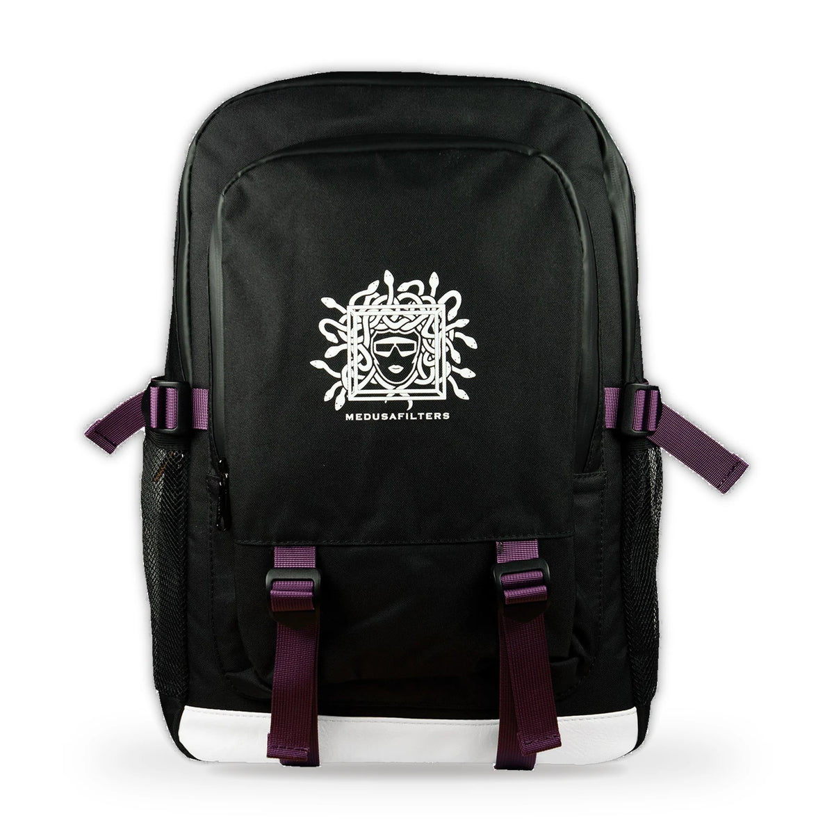 Geruchsdichter Rucksack in Schwarz von vorn mit Medusa-Logo und violetten Gurten