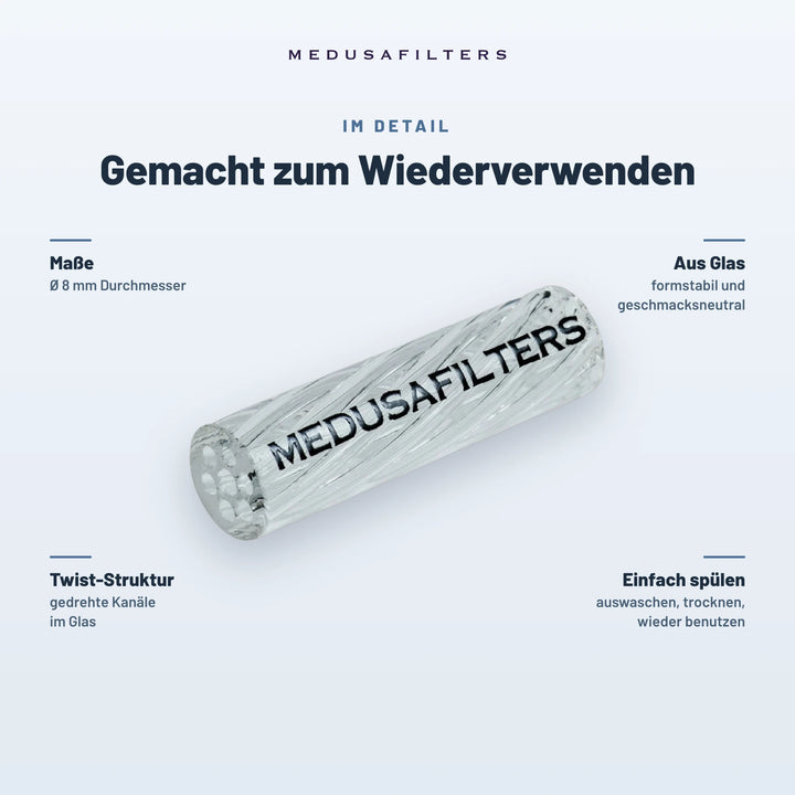 Gemacht zum Wiederverwenden: Twisted Glasfilter TRANSPARENT, Ø 8 mm. Aus Glas, formstabil und geschmacksneutral; Twist-Struktur mit gedrehten Kanälen; einfach spülen, trocknen, wieder benutzen