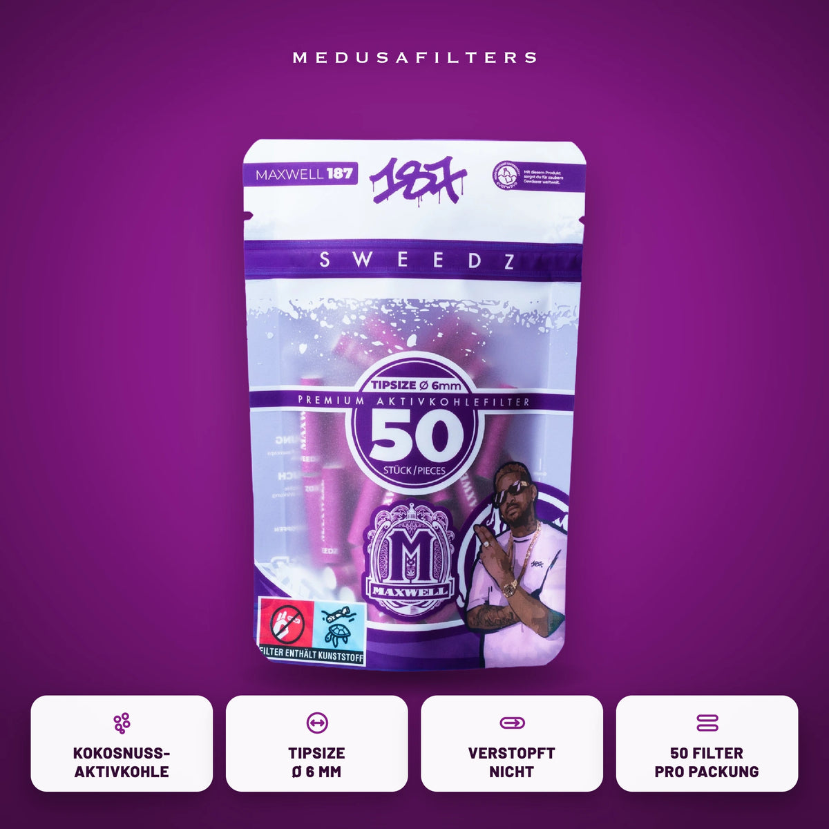 187 Straßenbande Edition MAXWELL, 50er-Packung Aktivkohlefilter 6 mm mit Kokosnuss-Aktivkohle