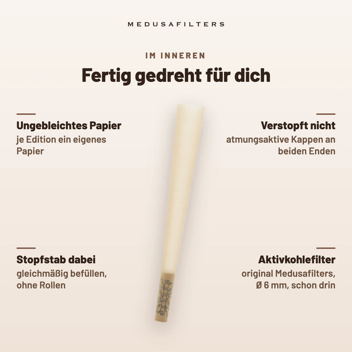 Fertig gedreht für dich: Pre-Rolled Cone ORGANIC mit ungebleichtem Papier; Aktivkohlefilter Ø 6 mm schon drin; verstopft nicht dank atmungsaktiver Kappen an beiden Enden; Stopfstab dabei