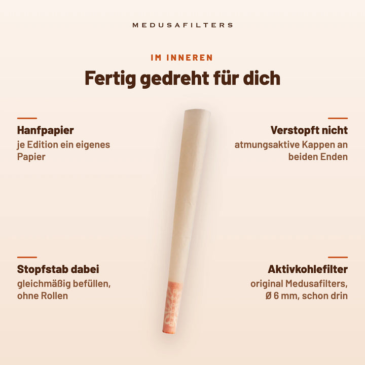 Fertig gedreht für dich: Pre-Rolled Cone SUNSET mit Hanfpapier; Aktivkohlefilter Ø 6 mm schon drin; verstopft nicht dank atmungsaktiver Kappen an beiden Enden; Stopfstab dabei