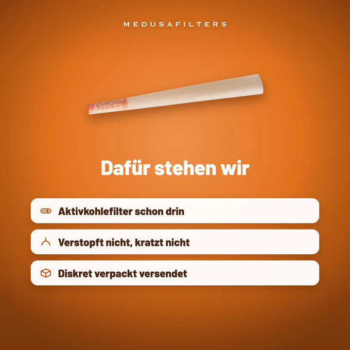 Dafür stehen wir: Pre-Rolled Cone SUNSET. Aktivkohlefilter schon drin, verstopft nicht, kratzt nicht, diskret verpackt versendet