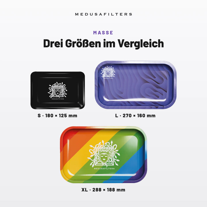 Drei Größen im Vergleich: Rolling Tray S 180 × 125 mm, L 270 × 160 mm, XL 288 × 188 mm