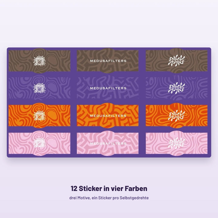 12 Sticker in vier Farben und drei Motiven, ein Sticker pro Selbstgedrehte