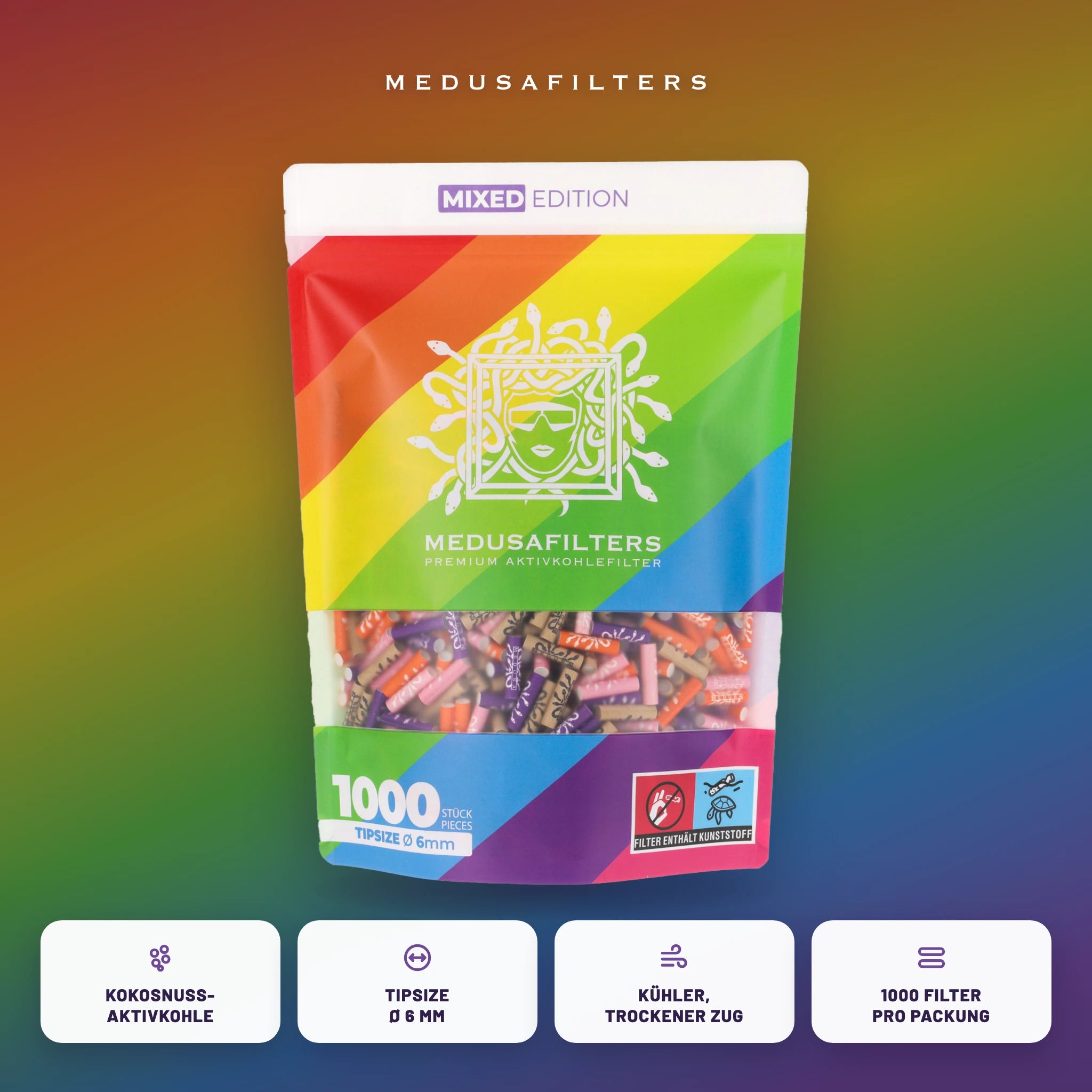 Medusafilters Aktivkohlefilter 6 mm MIXED Edition 1000er Packung – alle Farben gemischt, Kokosnuss-Aktivkohle, Tipsize 6 mm