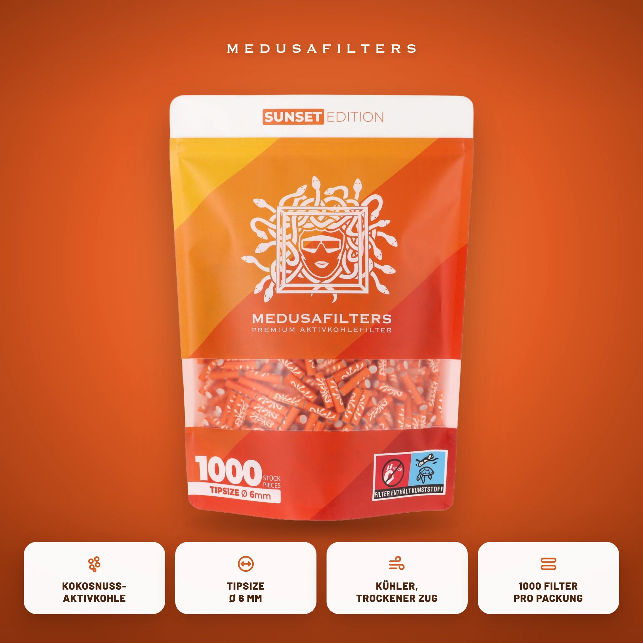 Medusafilters Aktivkohlefilter 6 mm SUNSET Edition 1000er Packung – Kokosnuss-Aktivkohle, Tipsize 6 mm, kühler trockener Zug