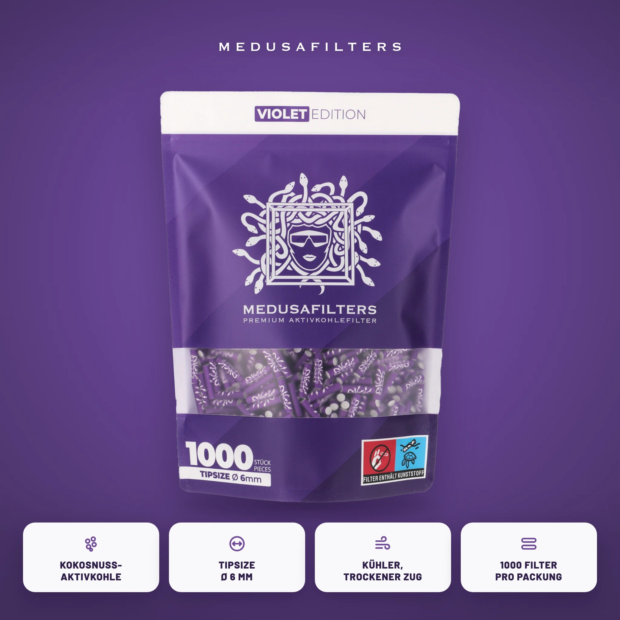 Medusafilters Aktivkohlefilter 6 mm VIOLET Edition 1000er Packung – Kokosnuss-Aktivkohle, Tipsize 6 mm, kühler trockener Zug