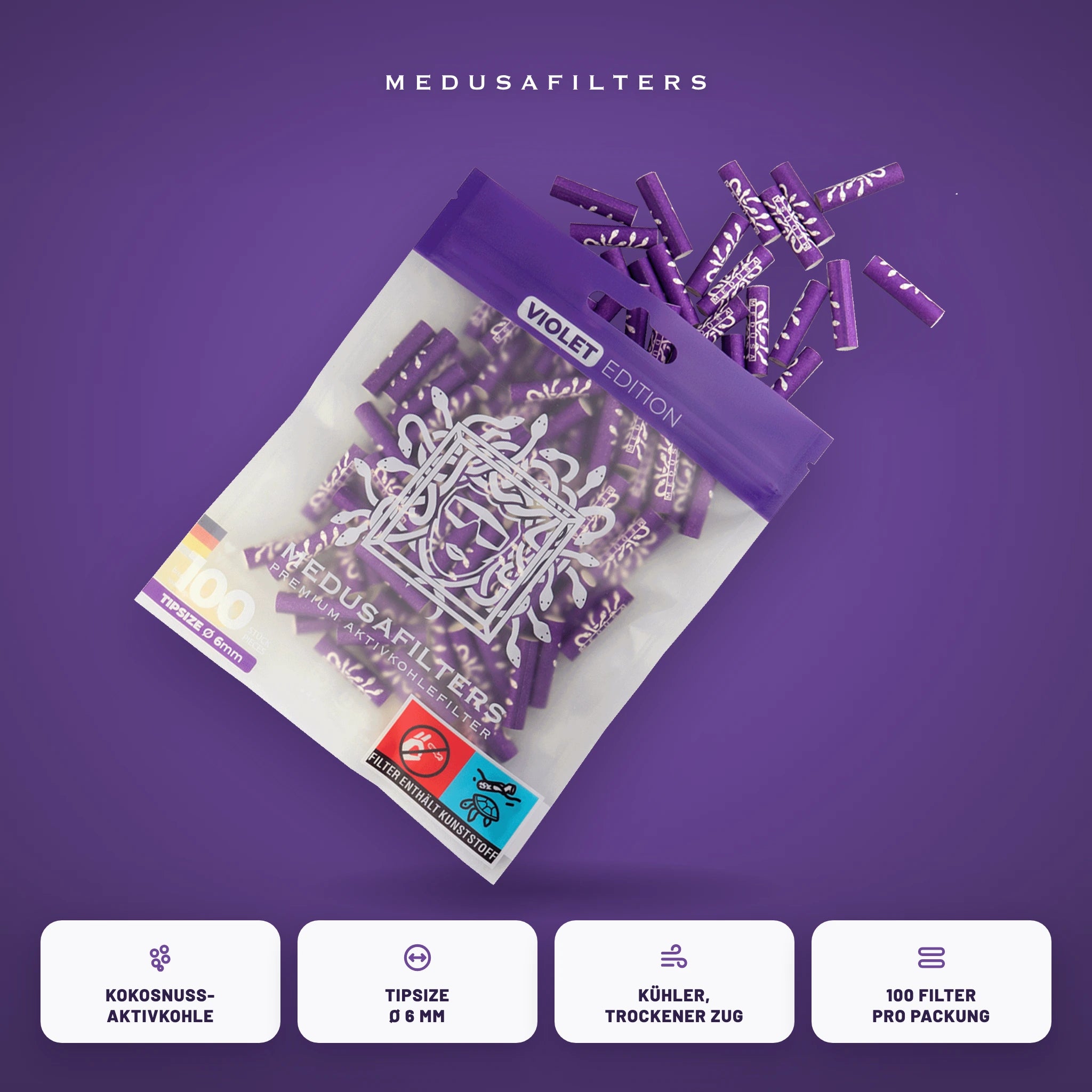 Medusafilters Aktivkohlefilter 6 mm VIOLET Edition 100er Packung – Kokosnuss-Aktivkohle, Tipsize 6 mm, kühler trockener Zug