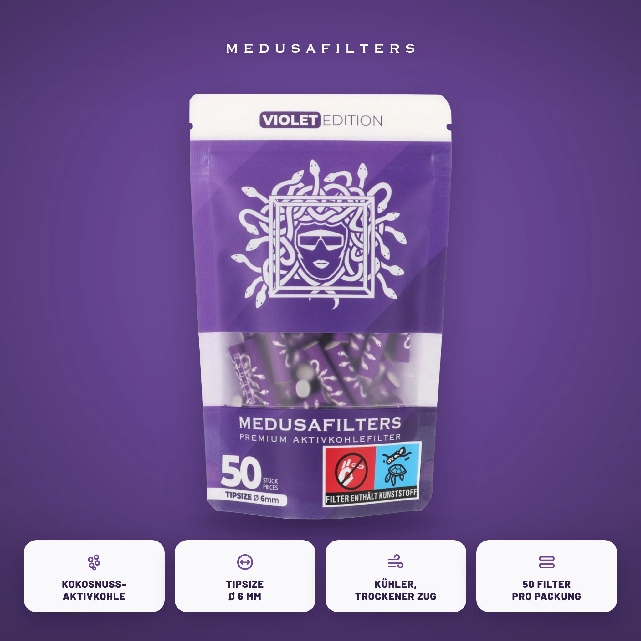 Medusafilters Aktivkohlefilter 6 mm VIOLET Edition 50er Packung – Kokosnuss-Aktivkohle, Tipsize 6 mm, kühler trockener Zug