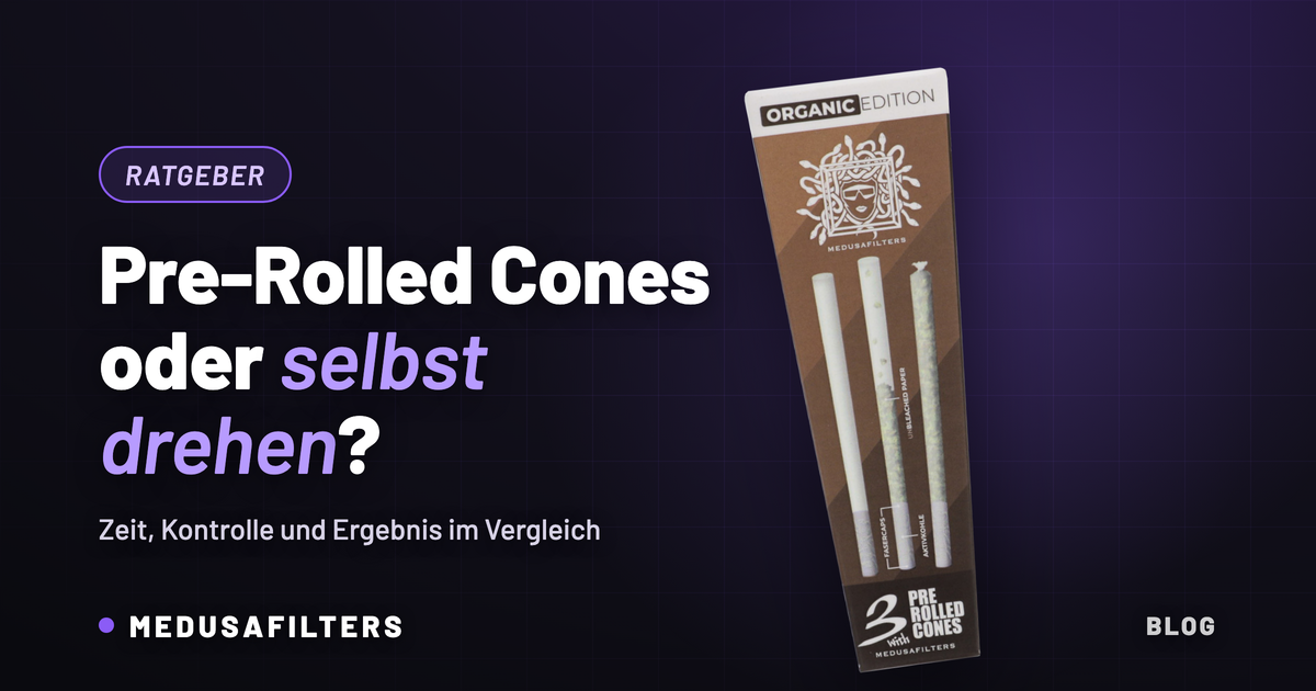Pre-Rolled Cones oder selbst drehen: Packung mit drei vorgedrehten Medusafilters Cones mit Aktivkohlefilter, ORGANIC Edition