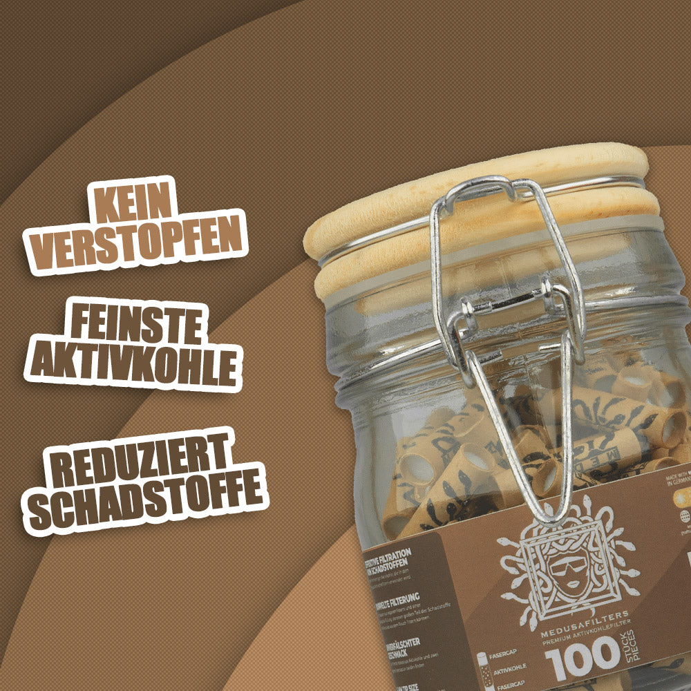 100er Glas ORGANIC Edition - Medusafilters, kein Verstopfen, feinste Aktivkohle, reduziert Schadstoffe