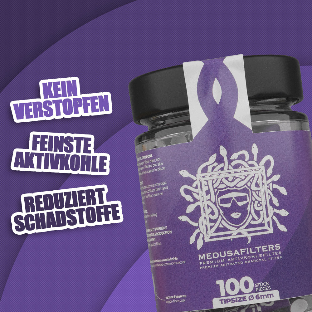 100er Glas VIOLET Edition - Medusafilters, kein Verstopfen, feinste Aktivkohle, reduziert Schadstoffe