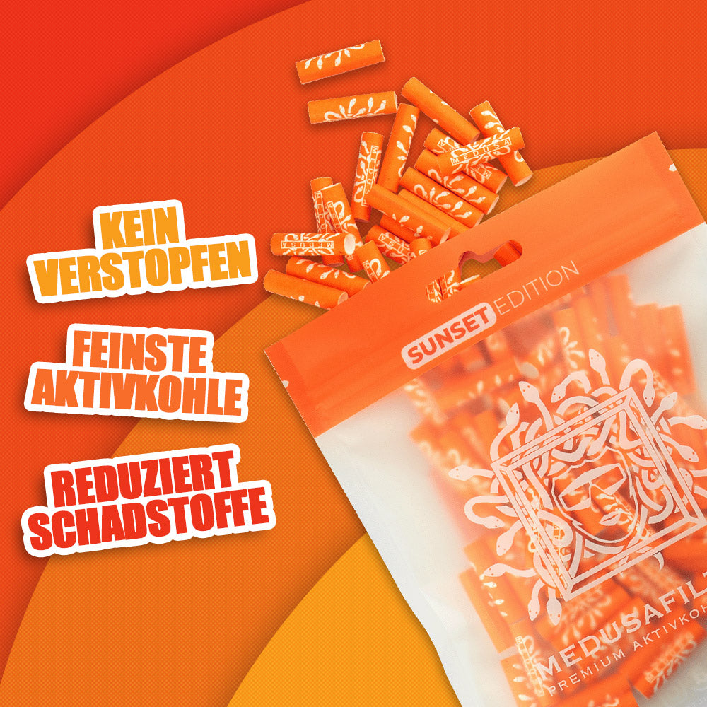 100er Packung SUNSET Edition - Medusafilters, kein Verstopfen, feinste Aktivkohle, reduziert Schadstoffe