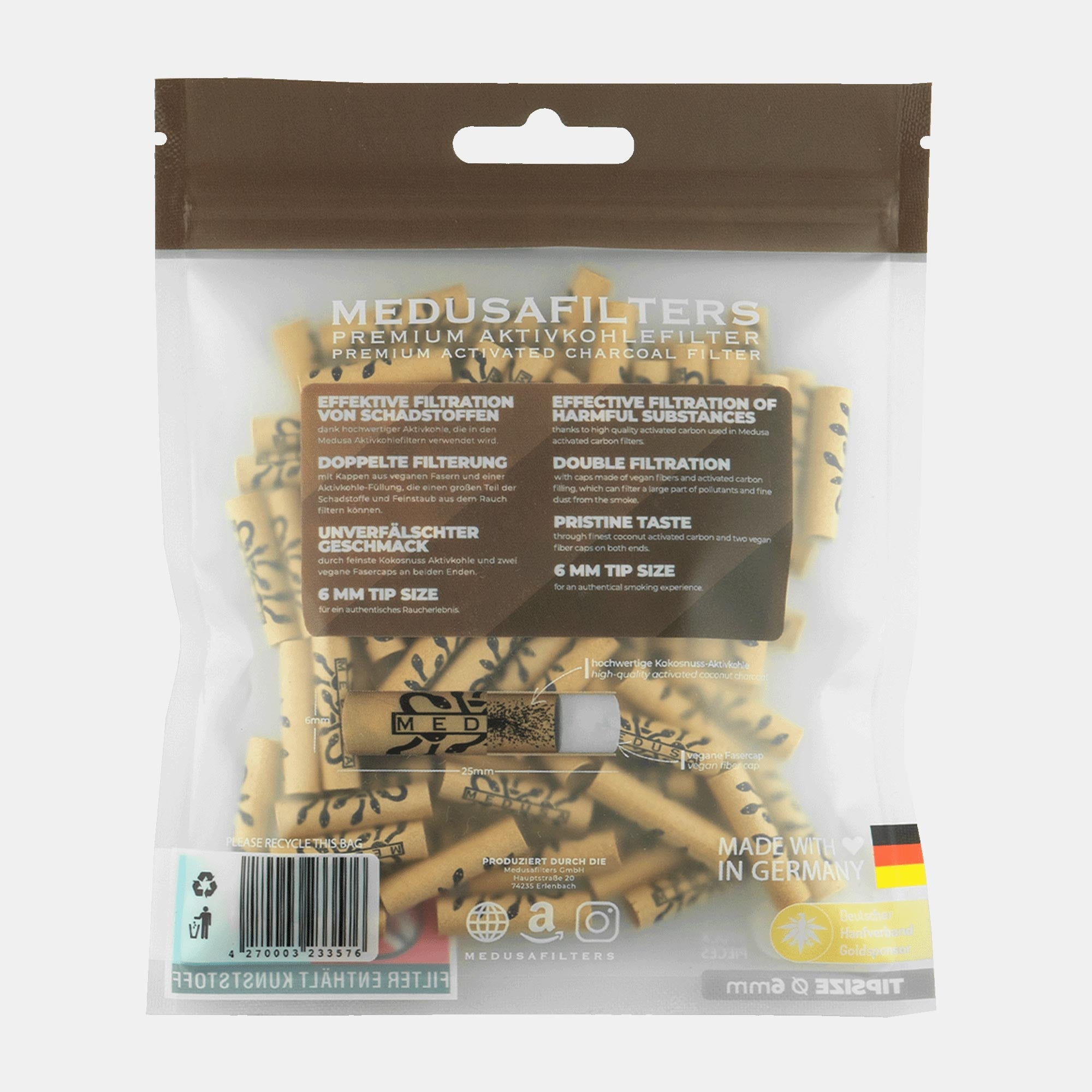 Medusafilters Premium Aktivkohlefilter mit Kokosnuss-Aktivkohle und veganen Fasercaps 100er Packung ORGANIC Edition Tip Size 6 mm Rückseite
