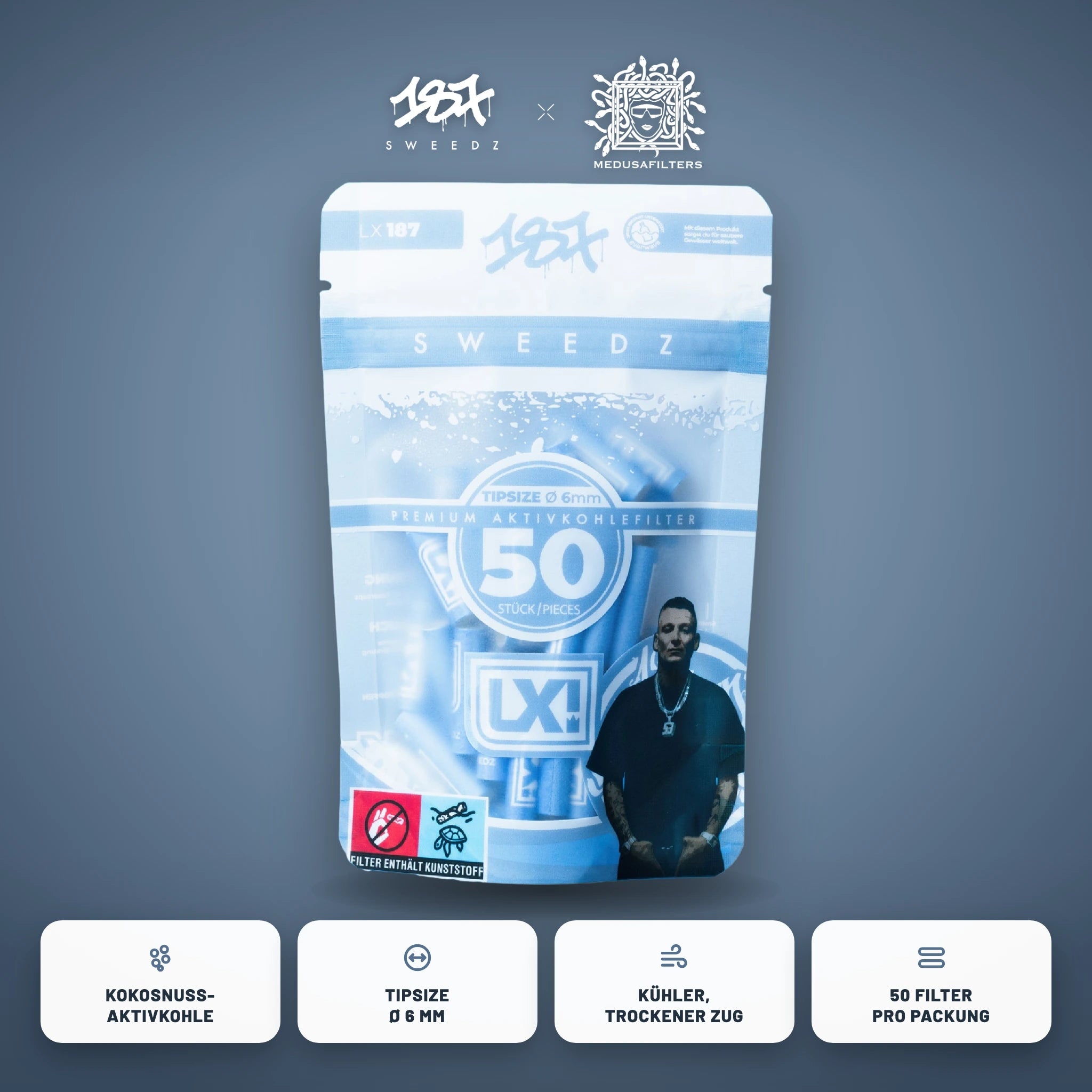 187 Sweedz × Medusafilters Aktivkohlefilter 6 mm LX Edition 50er Packung – Kokosnuss-Aktivkohle, kühler trockener Zug