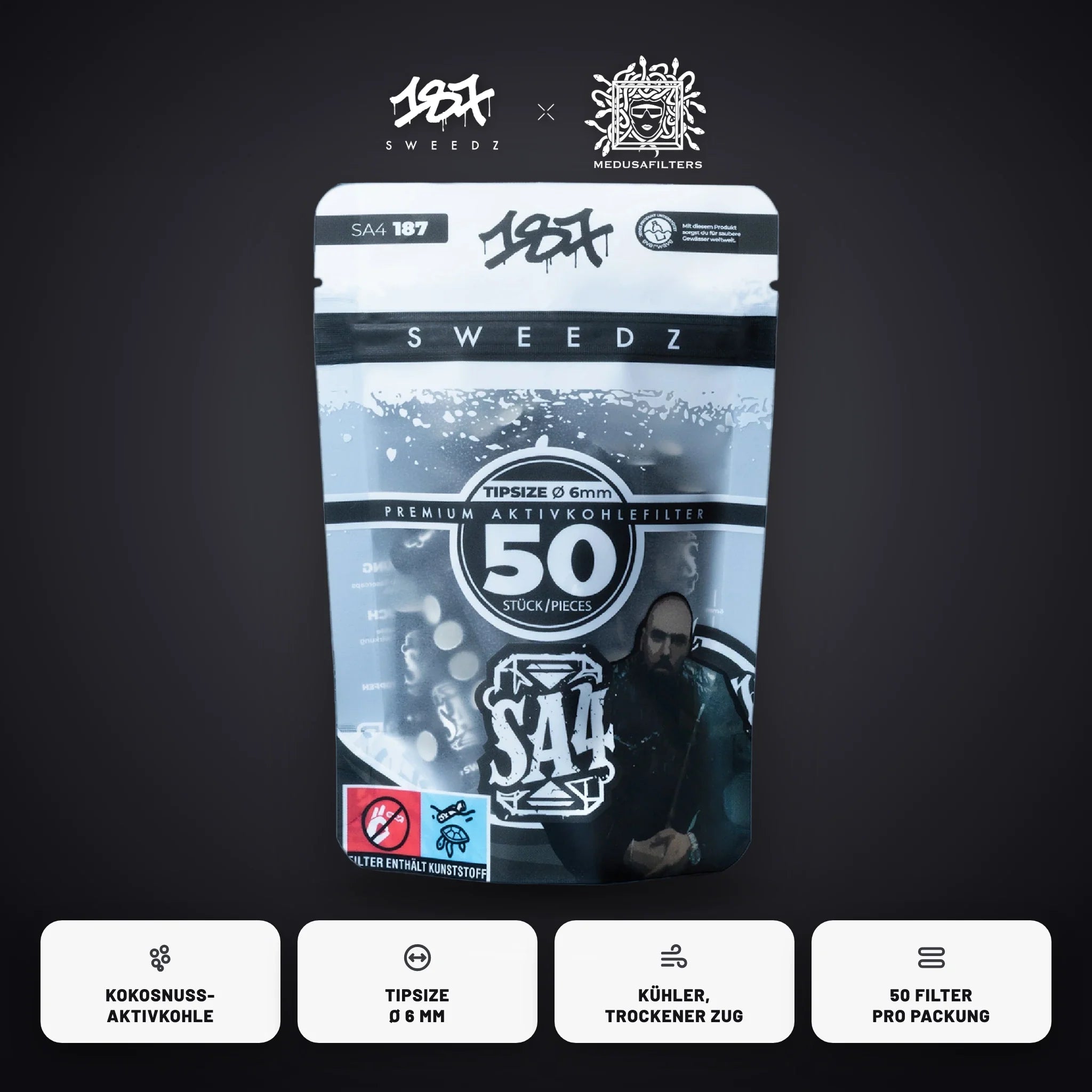 187 Sweedz × Medusafilters Aktivkohlefilter 6 mm SA4 Edition 50er Packung – Kokosnuss-Aktivkohle, kühler trockener Zug