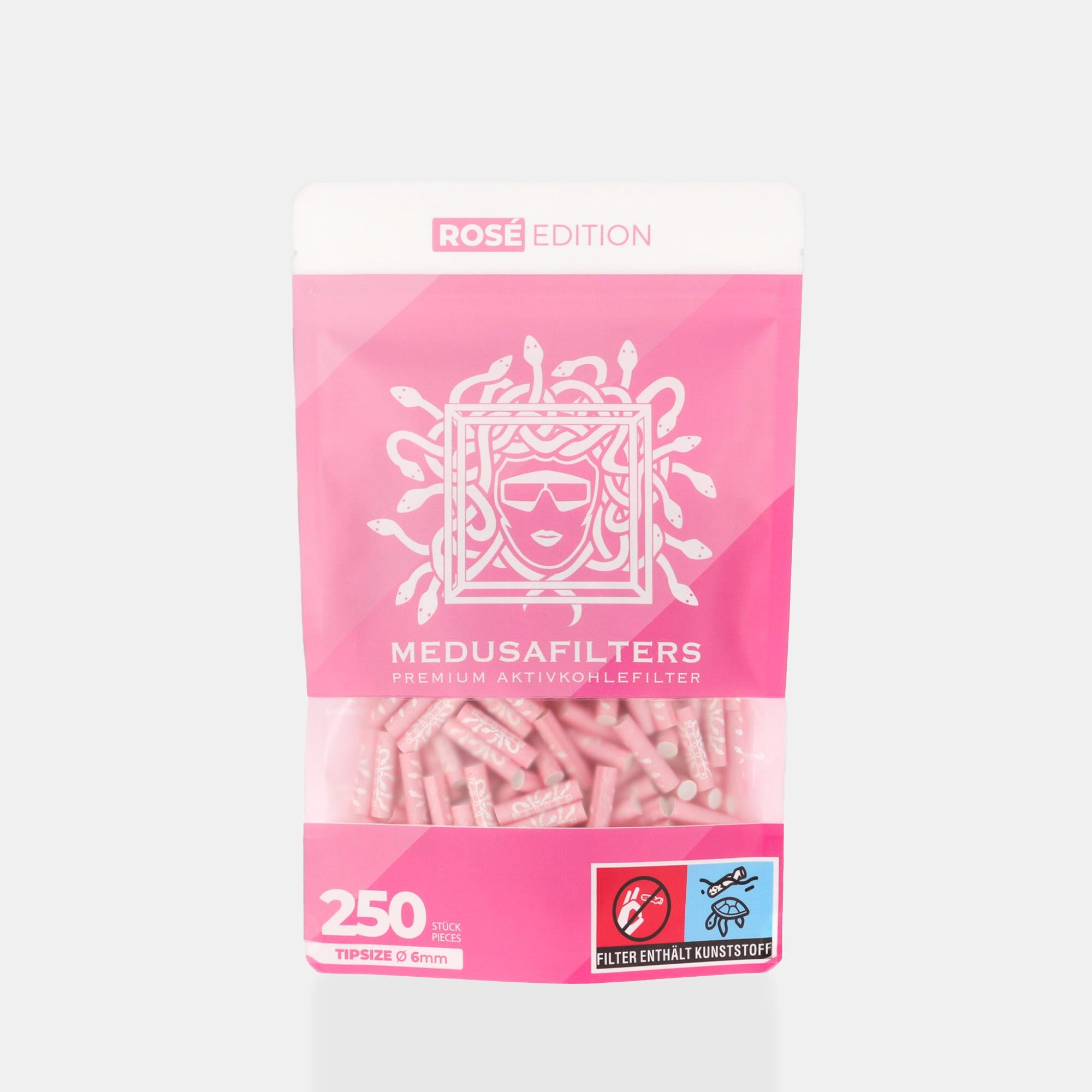 Medusafilters Premium Aktivkohlefilter mit Kokosnuss-Aktivkohle und veganen Fasercaps 250er Packung ROSÉ Edition Tip Size 6 mm Frontansicht 
