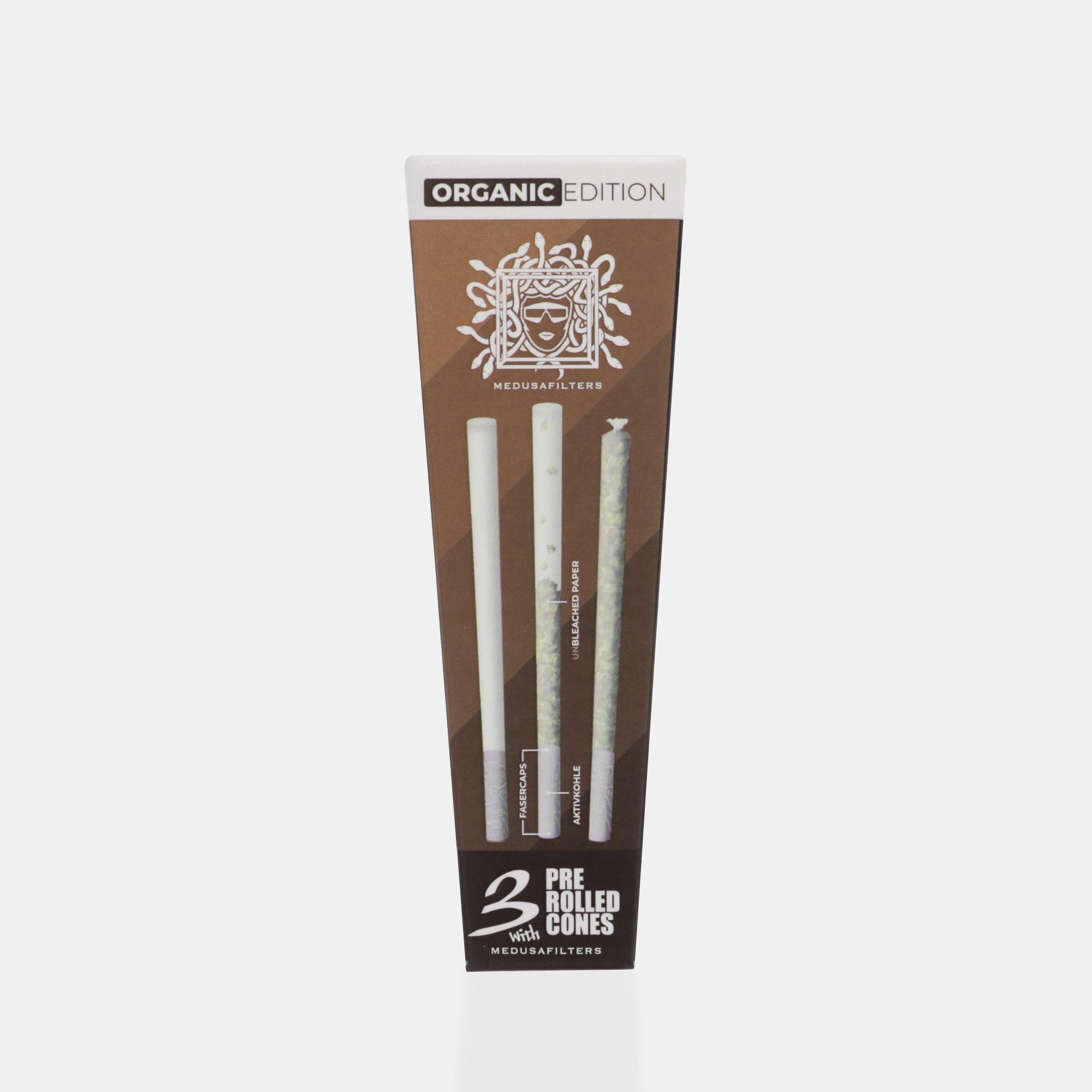 Medusafilters 3 Pre Rolled Cones mit UNBLEACHED Longpapers King Size Slim und Premium Kokosnuss-Aktivkohlefilter ORGANIC Edition Tip Size 6 mm Frontansicht