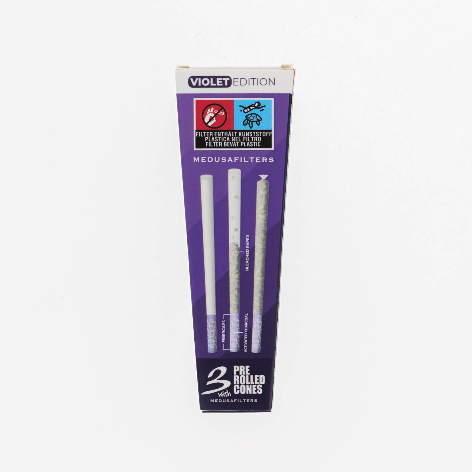 Medusafilters 3 Pre Rolled Cones mit BLEACHED Longpapers King Size Slim und Premium Kokosnuss-Aktivkohlefilter VIOLET Edition Tip Size 6 mm Rückseite