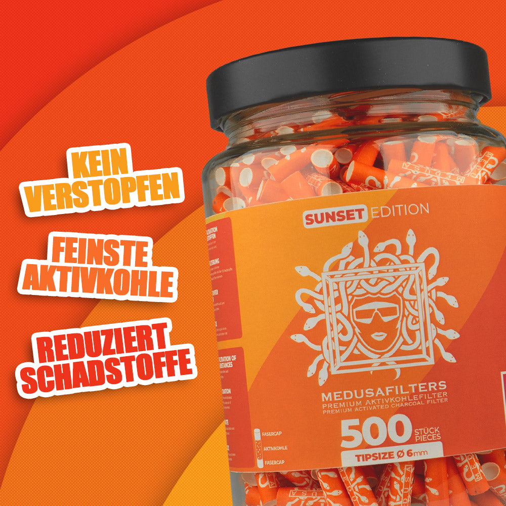 500er Glas SUNSET Edition - Medusafilters, kein Verstopfen, feinste Aktivkohle, reduziert Schadstoffe