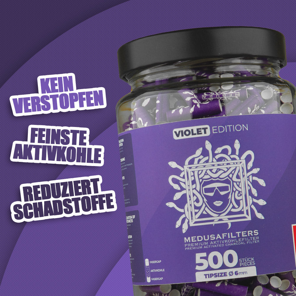 500er Glas VIOLET Edition - Medusafilters, kein Verstopfen, feinste Aktivkohle, reduziert Schadstoffe