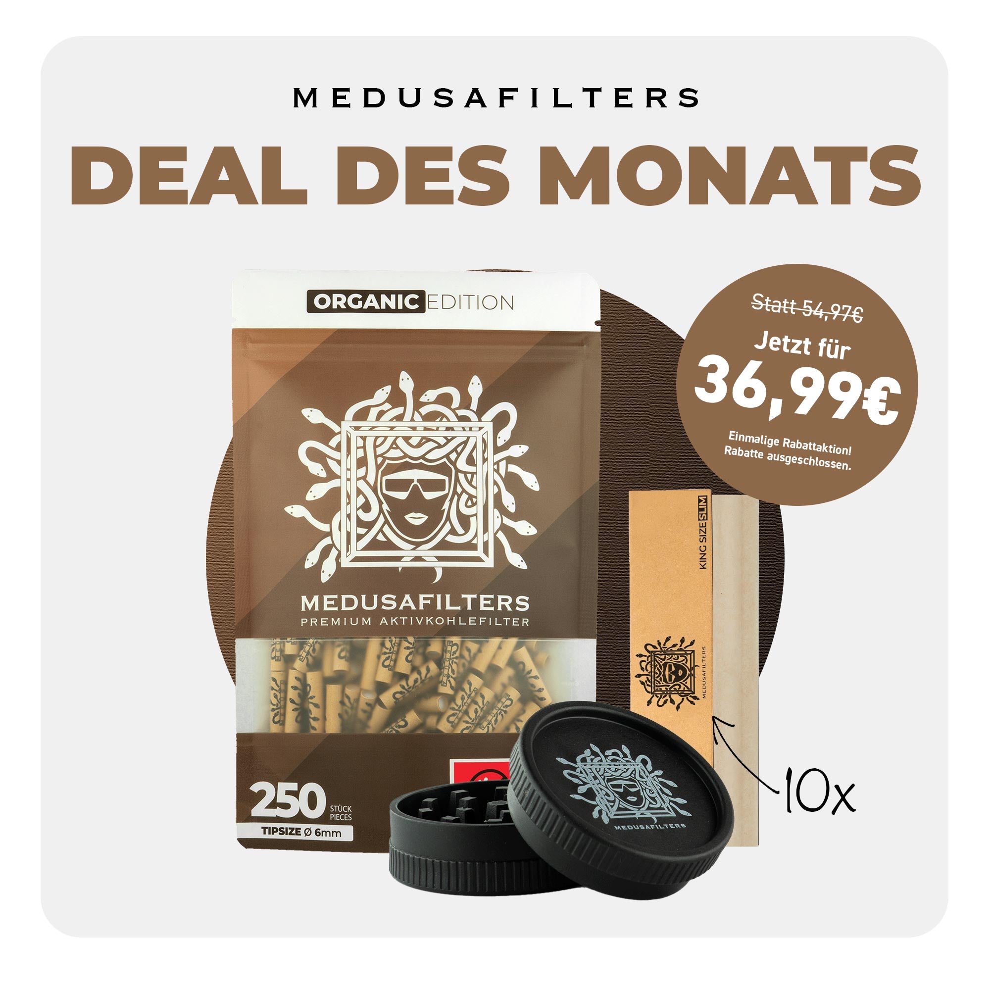 DEAL DES MONATS - 250er Packung ORGANIC + 10x Longpapers UNBLEACHED + Bio-Hemp Grinder BLACK