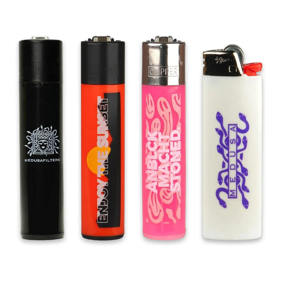 Medusafilters Feuerzeuge im 4er Set: BLACK, SUNSET, ROSÉ und VIOLET nebeneinander